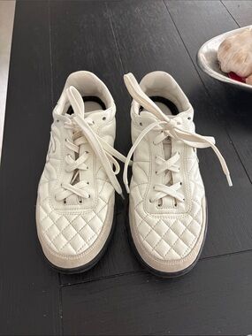 CHANEL Quilted Lace-Up Sneakers in White- AUTHENTIC